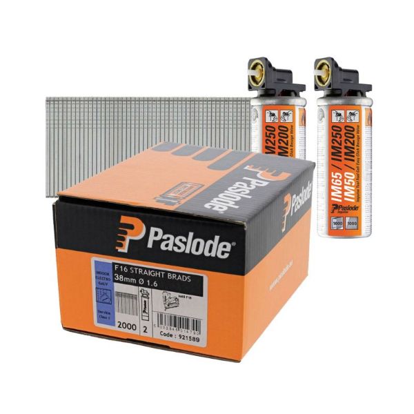 Picture of Paslode 921589 38mm Brad Nails for IM65 F16 (2000pk with 2 gas fuel cells)