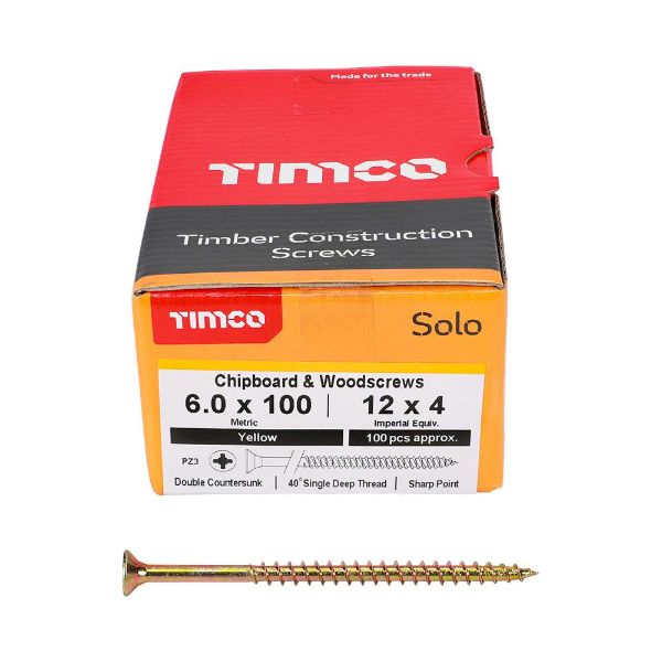 Picture of TIMco Solo Woodscrew PZ3 CSK - ZYP 6.0 x 100, Pack of 100