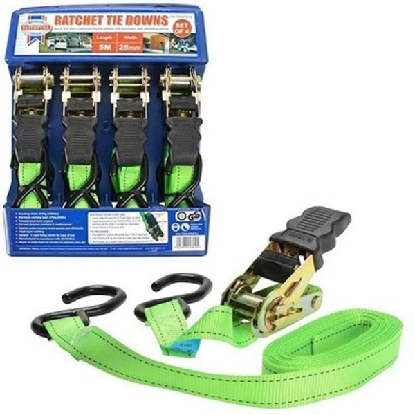 Picture of Faithfull Ratchet Tie-Downs 5m x 25mm Green 4 Piece Pack