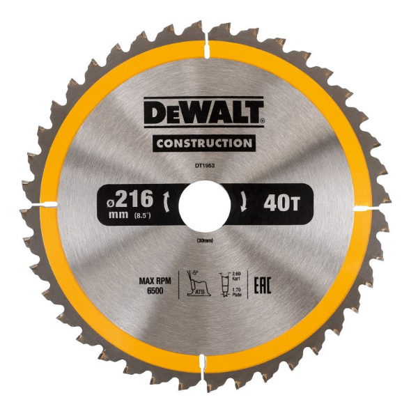 Picture of Dewalt DT1953-QZ Construction 216mm x 30mm x 40T Circular Sawblade