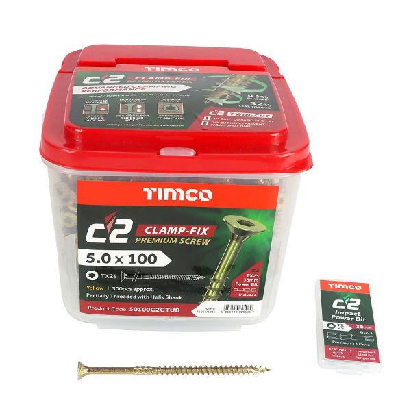 Picture of Timco C2 Clamp-Fix - TX - Double Countersunk with Ribs - Twin-Cut - Yellow 5.0 x 100 Tub 300