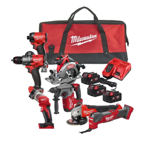 Picture of Milwaukee M18FPP7A3-503B Fuel 7pc Powerpack c/w 1xM18FPD3, M18FID3, M18FMT, 
M18CCS55, M18TLED, M12-18FC, 3x5amp Batteries in HD Tool Bag 